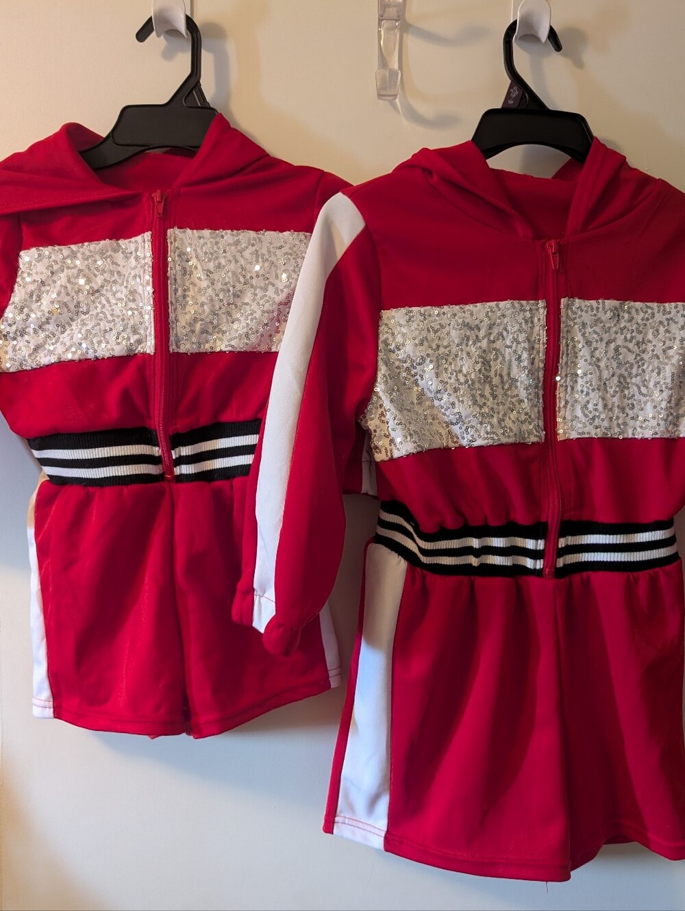 Weissman I Gotta Feeling Red Sequin Hoodie Romper with White Stripes SC And MC